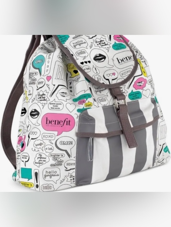 Benefit Handbags - Benefit White Graphic Stripe Tote with Pink & Teal Accents